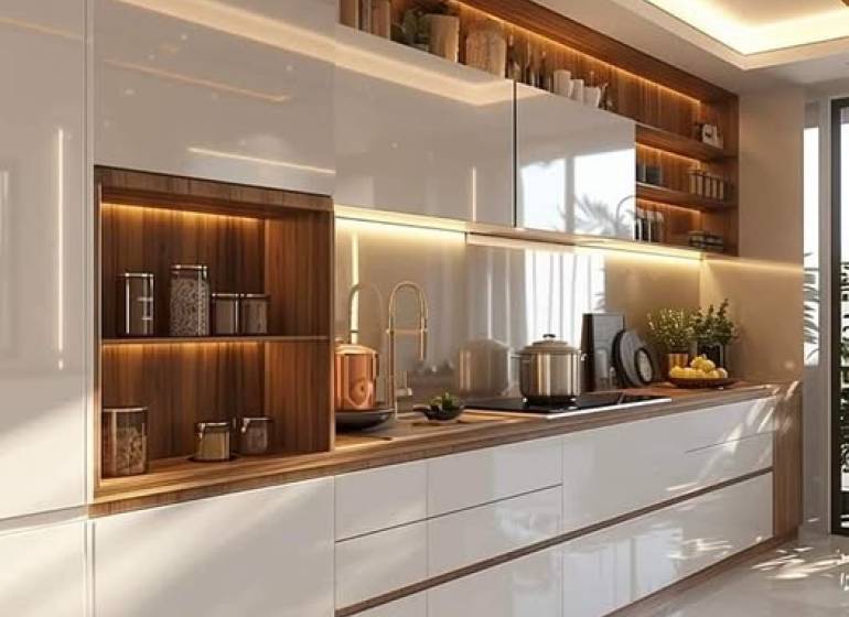 Modern kitchen in a 3-room apartment with white furniture and wooden decor.