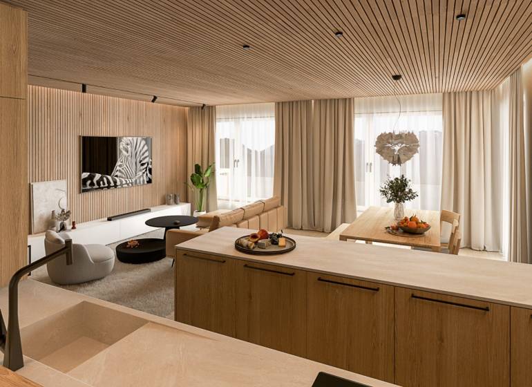 In the 4-room apartment, there is a kitchen with a dining area and a living section, with a wooden decor floor.