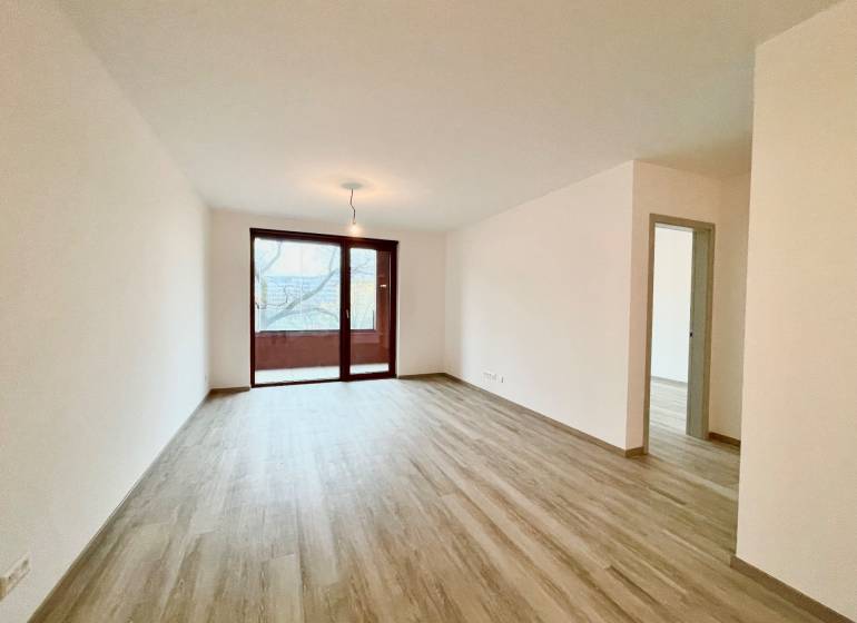 Living room in a two-room apartment with a wood-patterned floor and a large window.
