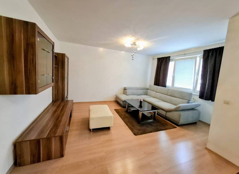 Living room in a 3-room apartment with a wooden decor floor, gray sofa, and furniture.