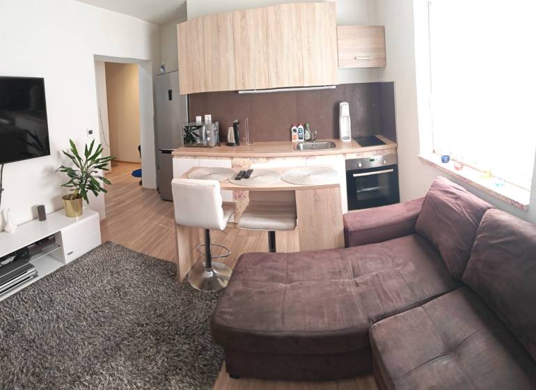 1-bedroom apartment with a kitchenette, sofa, TV, and wooden-style flooring.