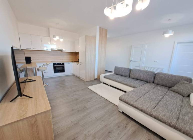 Living room with kitchen in a 2-room apartment and a floor with a wooden decor.