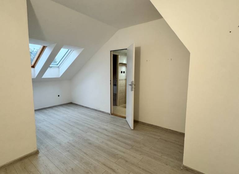 A studio apartment with a wooden decor floor and skylights.