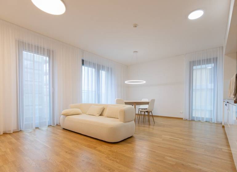 Interior of a 3-room apartment with a sofa, dining table, and wood-patterned flooring.