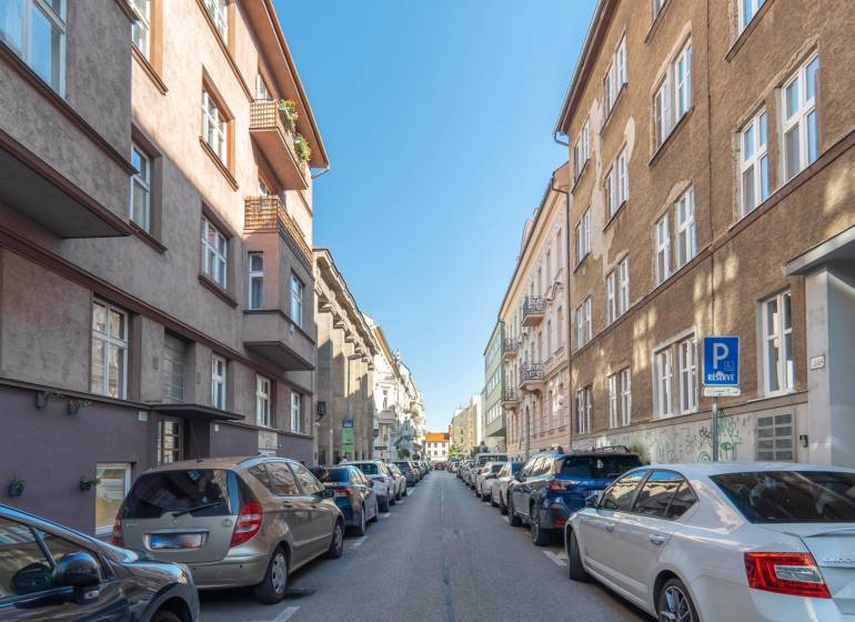 Heydukova Street in Bratislava - Old Town with parked cars and surrounding buildings.