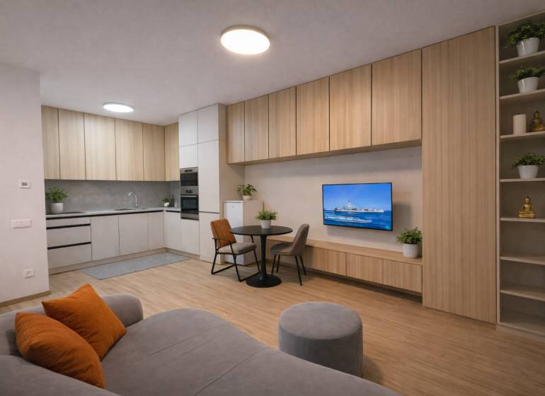 Living room with a kitchenette, wooden decor flooring, sofa, and dining table.