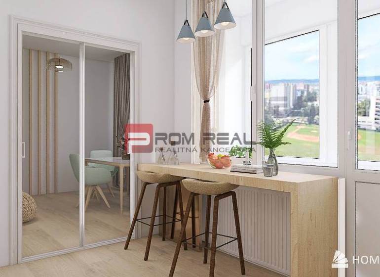 Interior of a 3-room apartment with a bar table and a view, floor with wood decor.