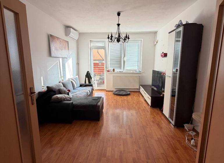Living room in a two-room apartment with a wooden decor floor, sofa, and television.