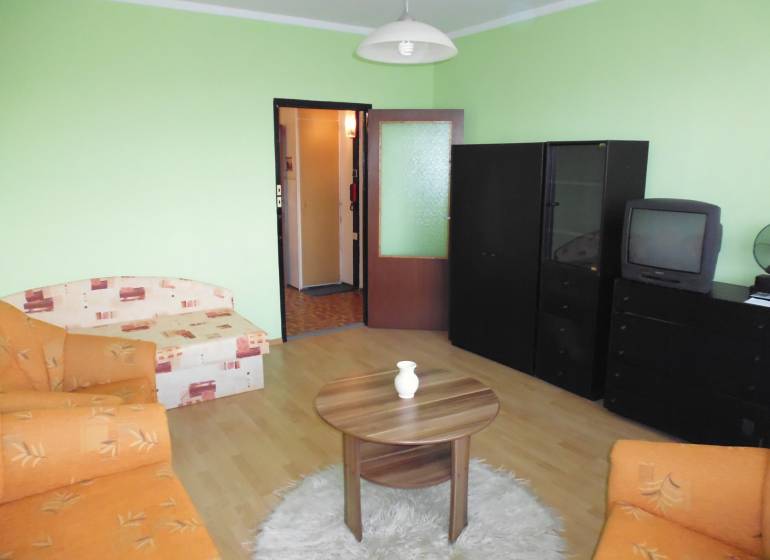 A room in a one-bedroom apartment with a sofa, furniture, and a wooden decor floor.