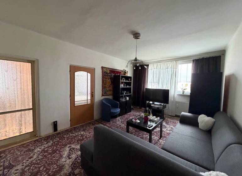 Living room in a three-room apartment with a dark sofa and a television on the carpet.