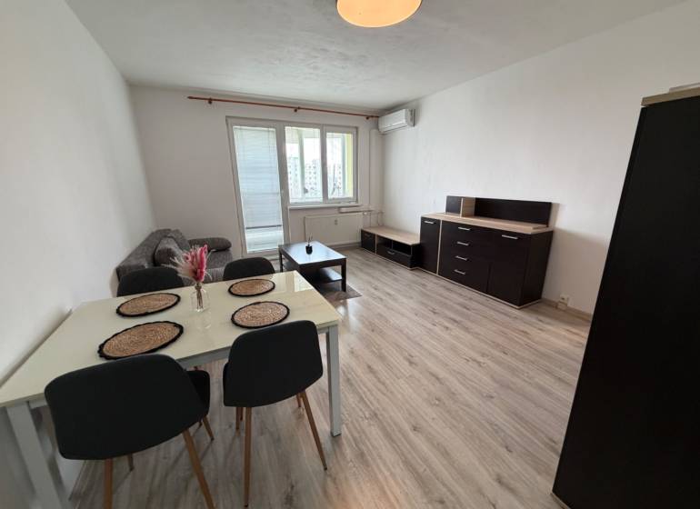 Living room in a two-room apartment with a wooden decor floor, dining table, and sofa.