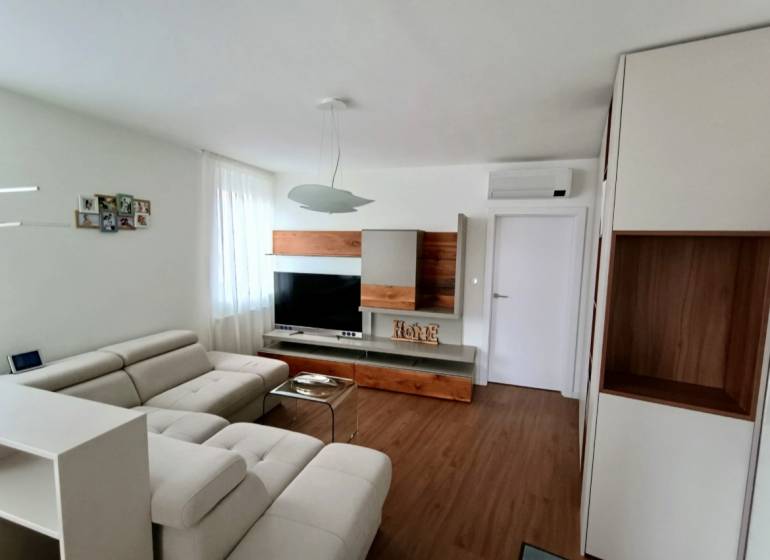 Living room in a two-room apartment with a comfortable sofa and a wooden decor floor.