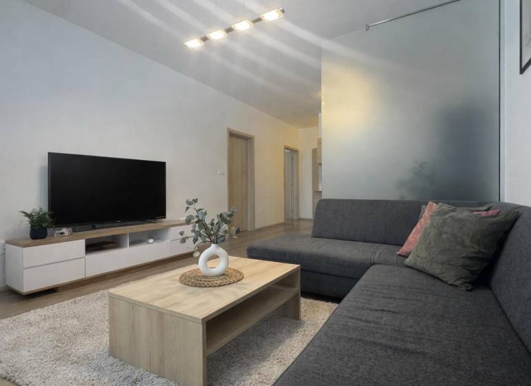 Living room in a 3-room apartment with a wooden decor floor, gray sofa, TV, and table.