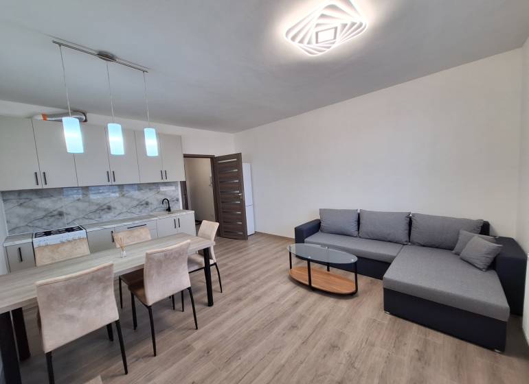 Living room of a two-room apartment with a corner sofa, dining table, and wooden decor flooring.