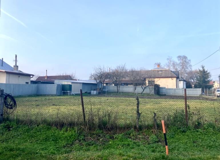 Gardens in Tušická Nová Ves with grassy areas, fencing, and neighboring houses.