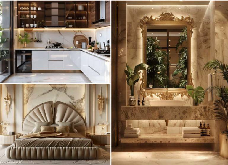 Luxurious interior of a 2-room apartment with decorative golden elements, exotic plants, and a floor with a wooden decor.