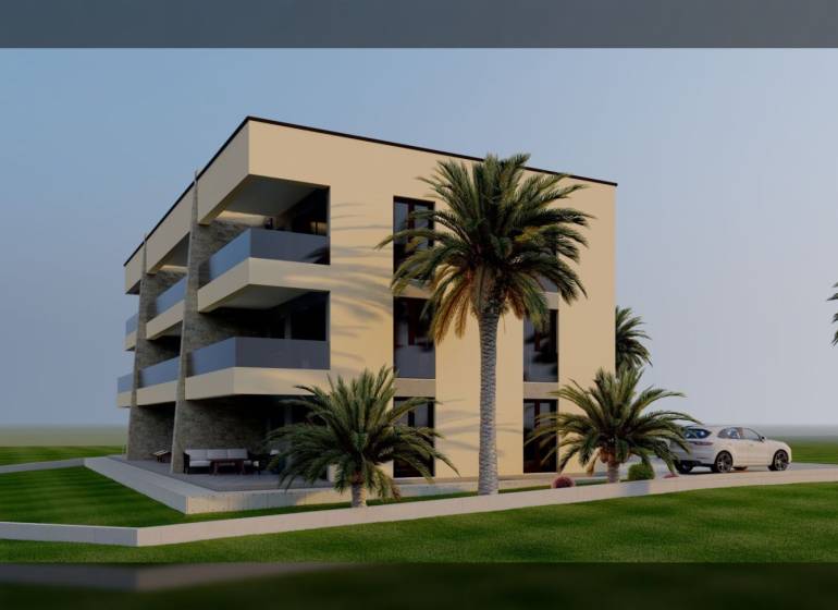 Modern building with palm trees and a parked car, suitable for a 2-room apartment.