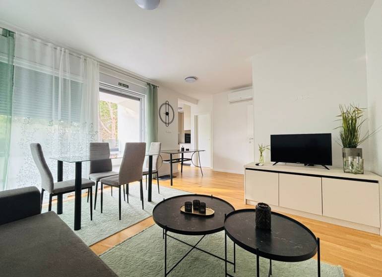 Recreational apartment with wood-patterned flooring, dining table, and television on a cabinet.