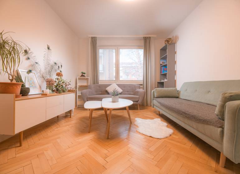 Living room in a 3-room apartment with a wooden decor floor, sofas, and plants.