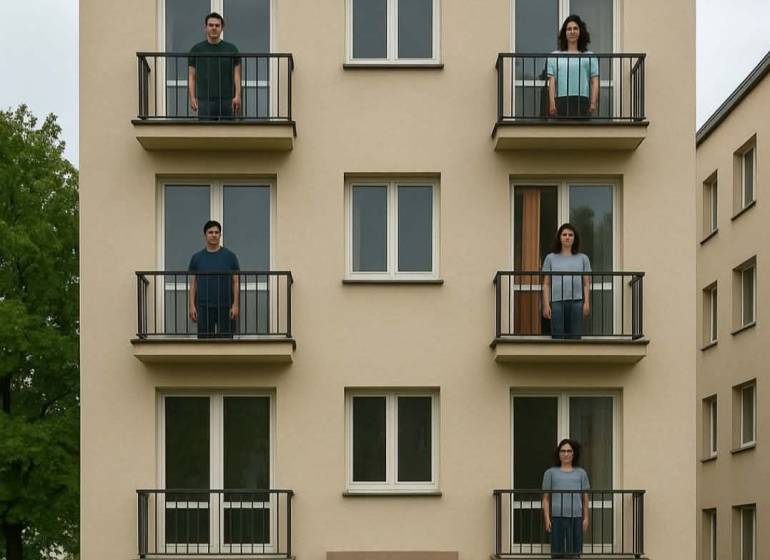 People on small balconies of a building in Prievidza, Hotels and guesthouses.