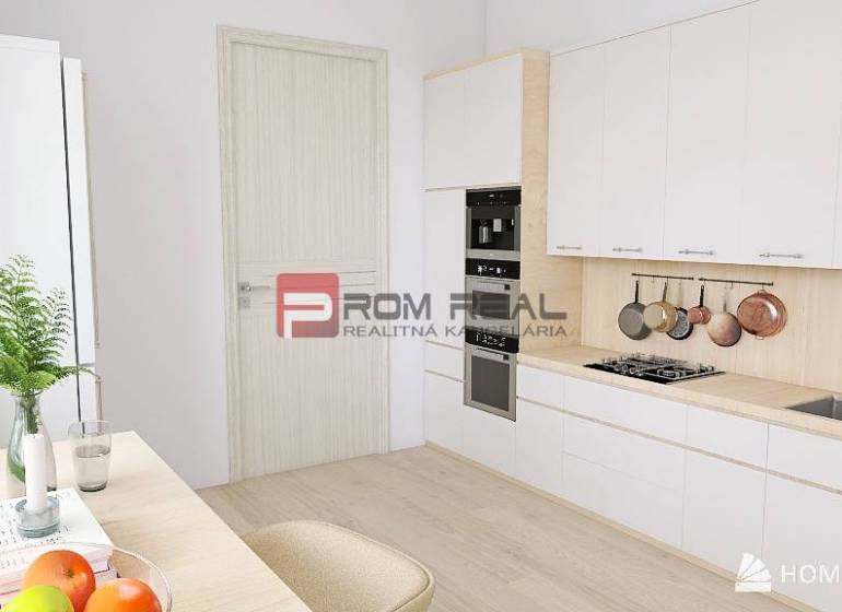 A bright kitchen in a 3-room apartment with a wood-patterned floor and modern furniture.