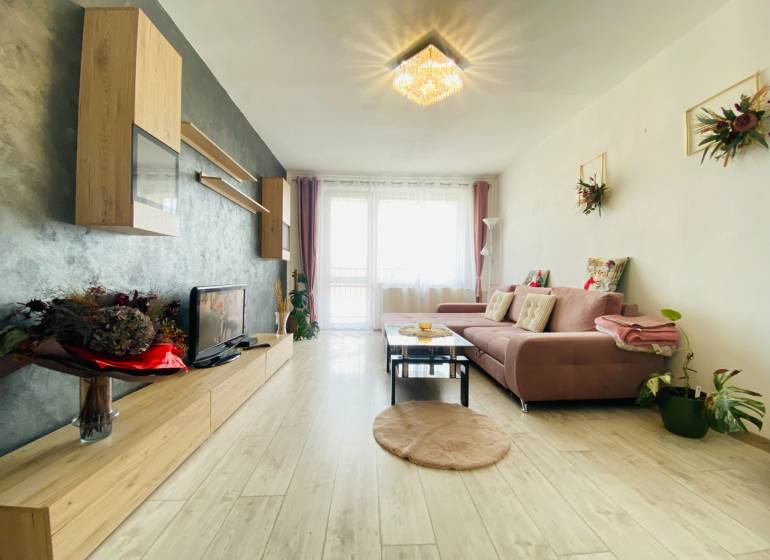 Living room in a three-room apartment with a wooden decor floor and a comfortable sofa.