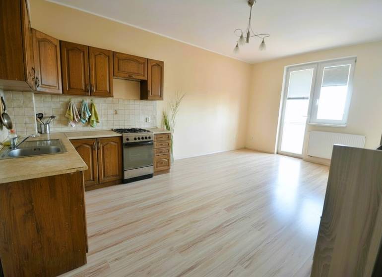 Kitchen in a 2-room apartment with wooden decor and kitchen unit.