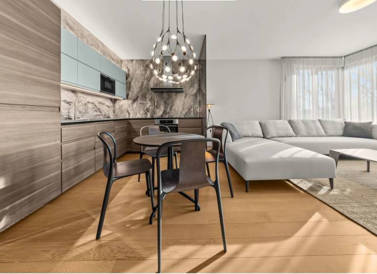 Kitchen and living room in a 2-room apartment with a wooden decor floor and a comfortable sofa.