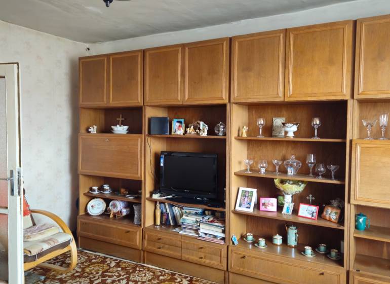 Wooden wall with display cabinets, television, and decorations in a family house.