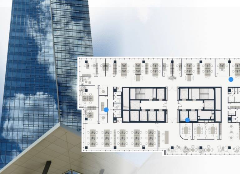 Glass skyscraper in Bratislava - Nivy, Mlynské nivy, next to the office plan.