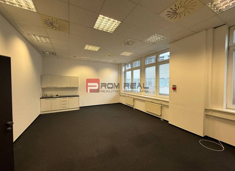 The office has white cabinets, carpets, ceiling lights, and large windows.