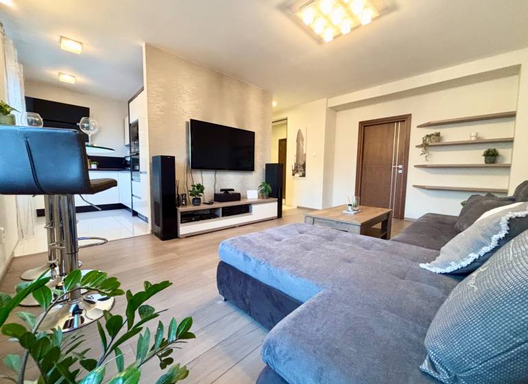 Living room in a two-room apartment with a comfortable sofa and a wooden decor floor.
