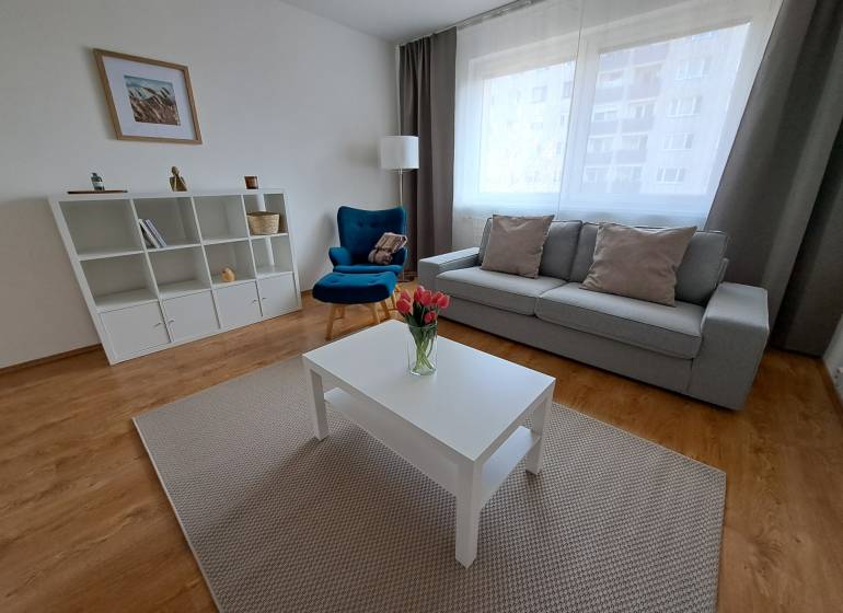 Living room in a 3-room apartment with a sofa, an armchair, and a floor with a wooden decor.