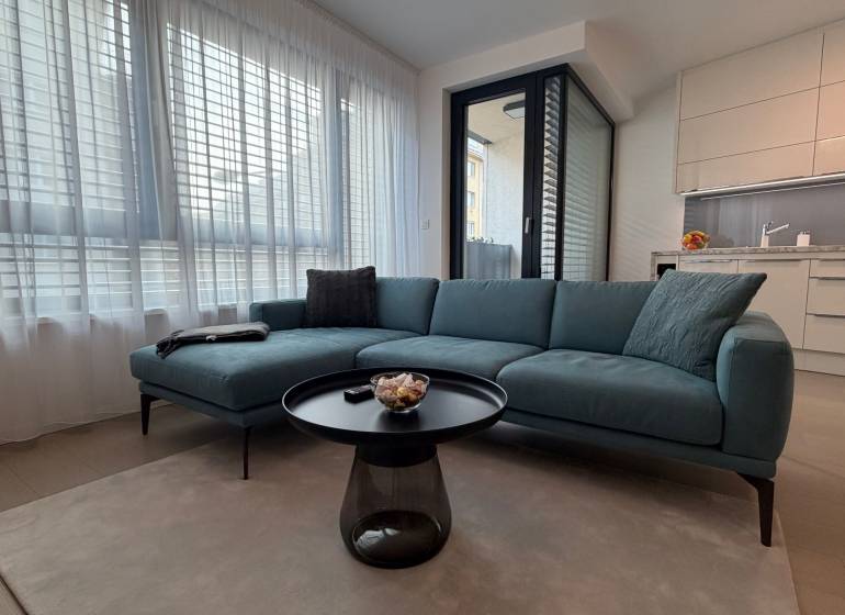 Living room with a sofa, table, and kitchenette in a two-room apartment.