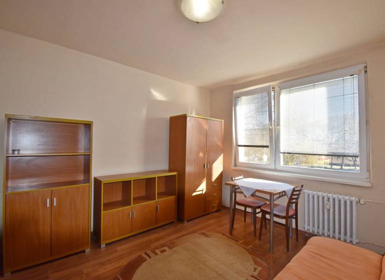 A studio apartment with furniture, a table, and chairs, complemented by a floor with a wooden decor.
