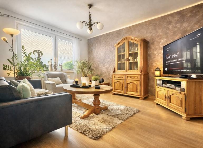 Living room with a sofa, wooden furniture, and a floor with a wooden decor in a 4-room apartment.