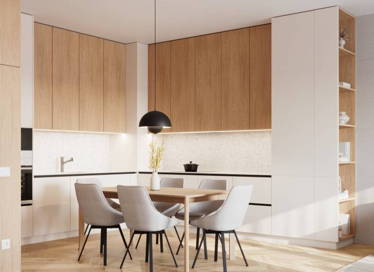 A kitchen in a 4-room apartment with a wooden decor and a stylish dining table.