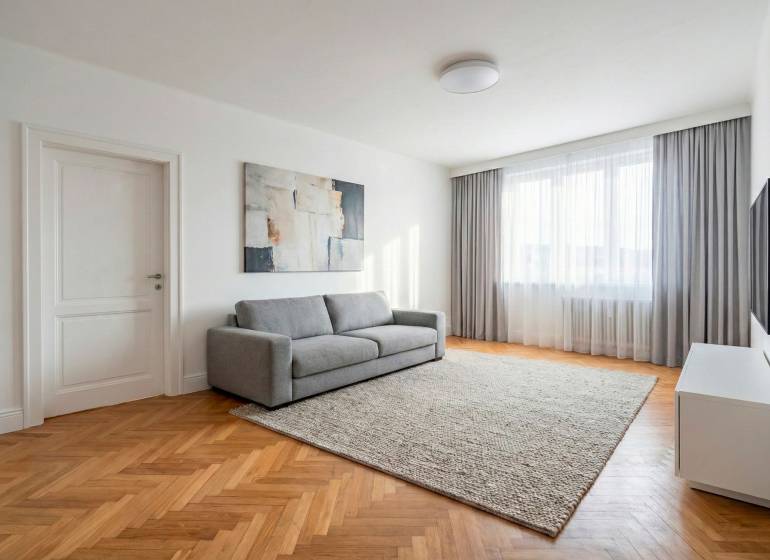 Living room in a two-room apartment with a comfortable sofa and a wooden decor floor.