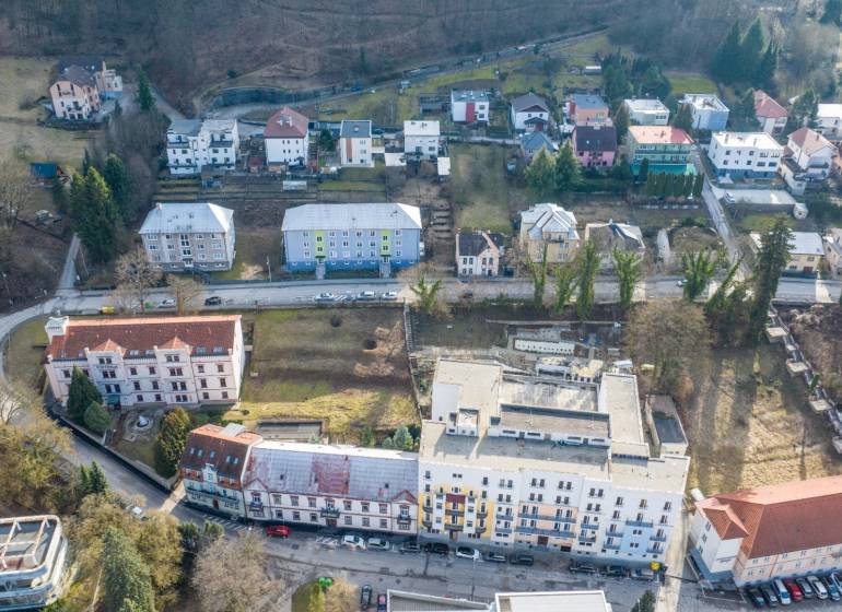 View of buildings and properties - commercial on Hurbanova Street in Trenčianske Teplice.