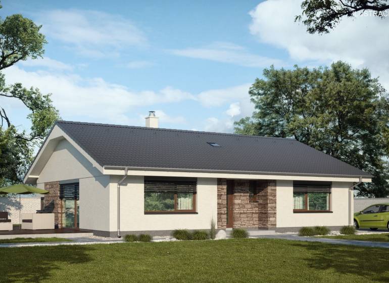 Family house with a terrace in Nové Zámky, street surrounded by trees, green car.