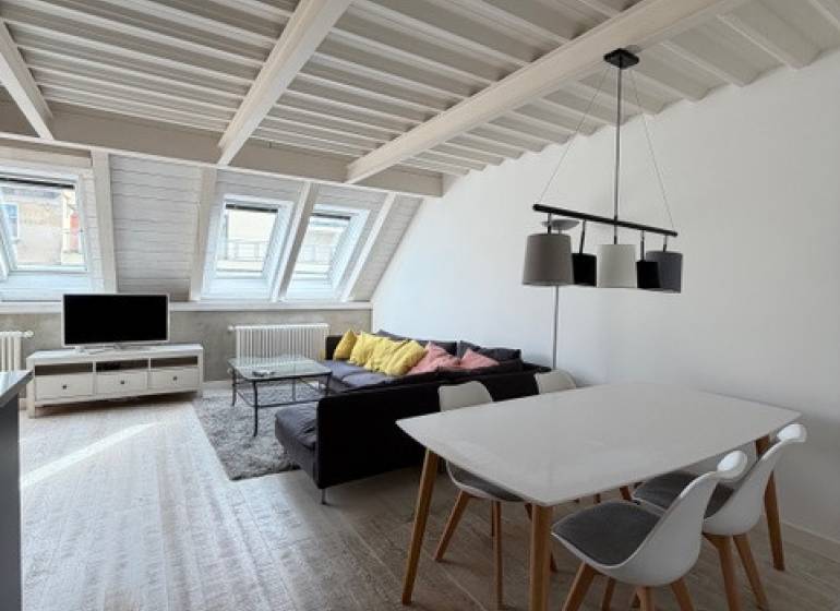 Attic living space in a 4-room apartment with wood-patterned flooring and skylights.