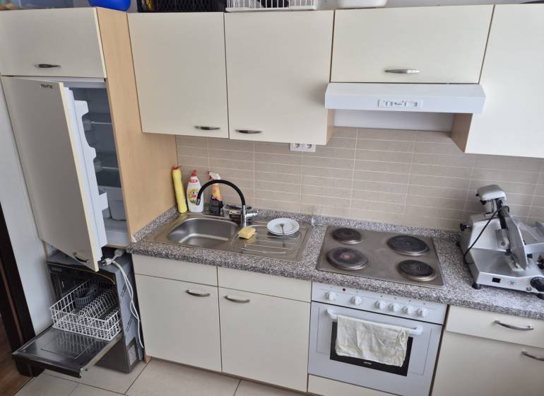 A kitchen unit in a one-room apartment with a dishwasher, stove, and open refrigerator.
