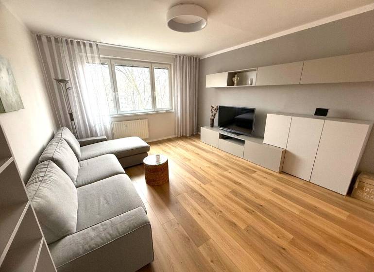 Living room of a 3-room apartment with a sofa and a wooden decor floor.