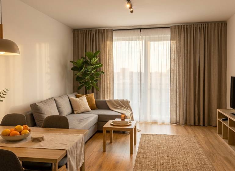 Living room in a two-room apartment with a wooden decor floor.