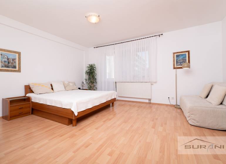 A bedroom with a bed, a couch, and a wooden floor decor in a three-room apartment.