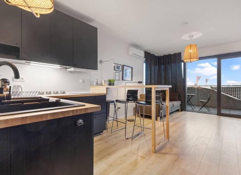A kitchen with black cabinets, a bar counter, and a wood-patterned floor in a studio apartment.