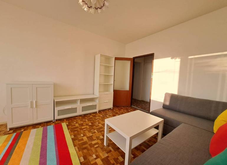 Living room with white cabinets, a gray sofa, and a wood-patterned floor in a two-room apartment.
