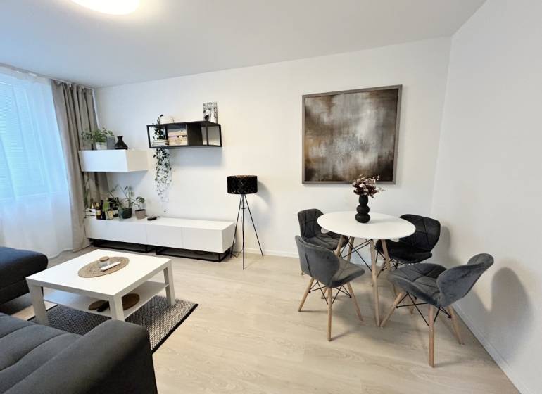 Interior of a 2-room apartment with a table, chairs, and decorations, floor with wooden decor.