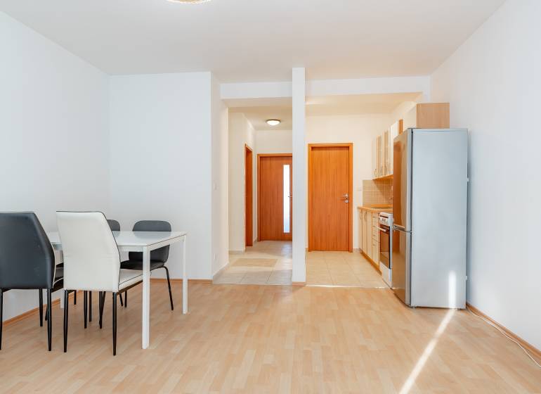 Kitchen and dining room with wood-patterned flooring in a two-room apartment.