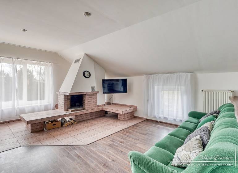 Living room with a fireplace, green sofa, and wood-patterned flooring in a family house.